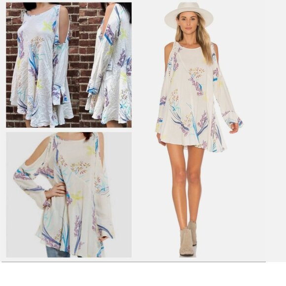 FREE PEOPLE Fall Dress Tunic Clear Skies Lilac Shift Cold Shoulder Floral Large - Picture 6 of 14